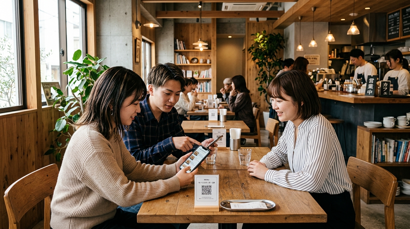 店内でスマートフォンを使って注文を行うカフェの様子